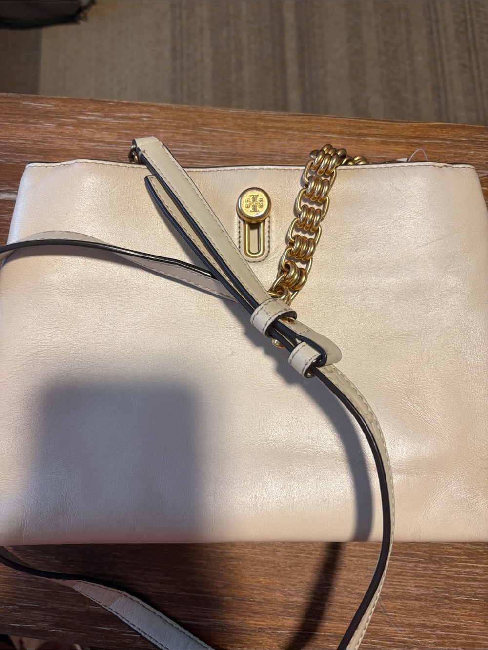 Tory Burch Cream Leather Crossbody with Gold Chain Detail